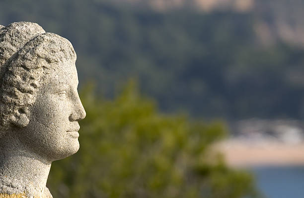 Closeup old marble statue of David in the park, background with copy space, Karlovy Vary build in 1880