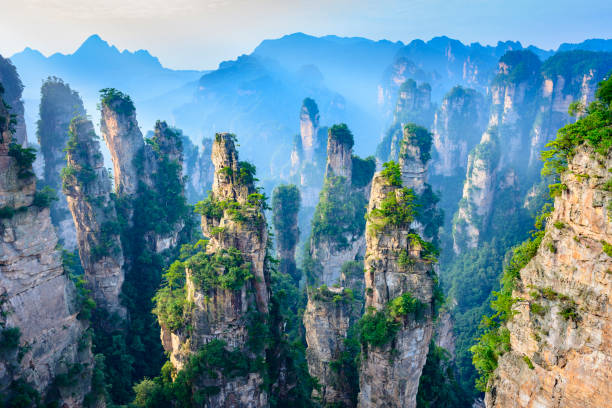 Landscape of Zhangjiajie Landscape of Zhangjiajie. Taken from Old House Field. Located in Wulingyuan Scenic and Historic Interest Area which was designated a UNESCO World Heritage Site as well as AAAAA scenic area in china. hunan province photos stock pictures, royalty-free photos & images