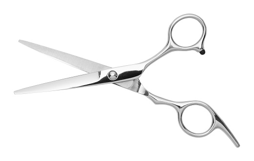 Open Silver Hair Cutting Scissors Isolated on White Background.