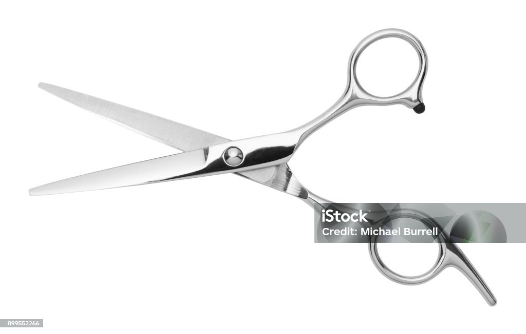 Hair Scissors Open Silver Hair Cutting Scissors Isolated on White Background. Scissors Stock Photo