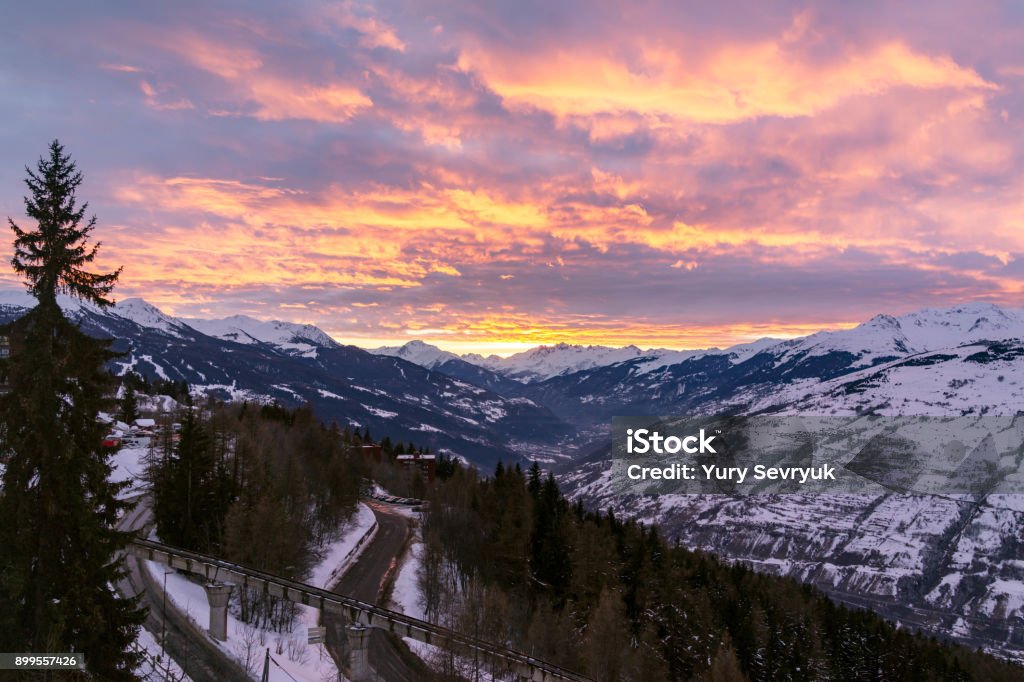 Sunset, view from the chair lift. Alpine climate Stock Photo