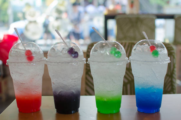Colorful Italian soda  on the wooden table.