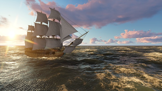 3D illustration sailboat at sea in the evening at sunset