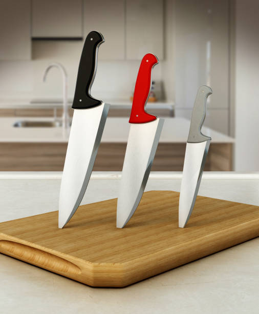 istock Set of kitchen knives on cutting wood standing on kitchen counter 899614272