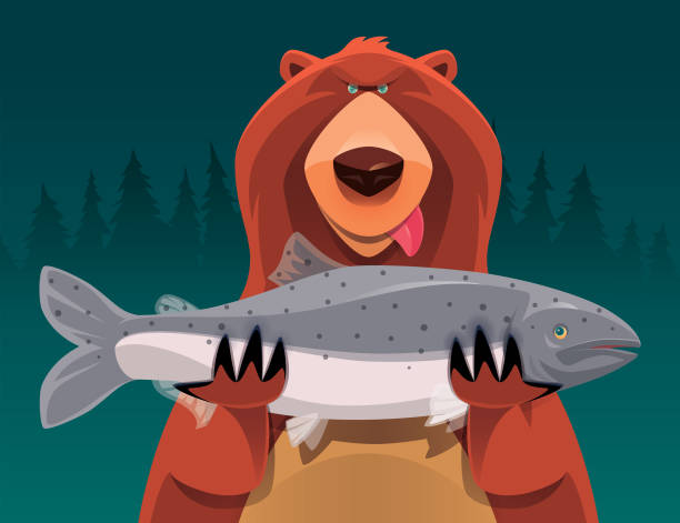bear holding salmon vector illustration of bear holding salmon brown bear catching salmon stock illustrations