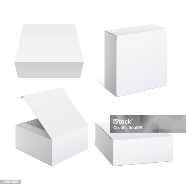 Ilustración de Conjunto De Caja De Cartón Blanco Paquete Realista y más Vectores Libres de Derechos de Caja - Caja, Cuadrado - Composición, Plantilla - Producto de arte y artesanía