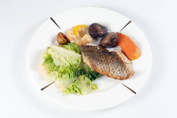 Grilled Seabass vegetable and salad on white background