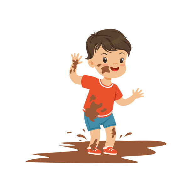 ilustrações, clipart, desenhos animados e ícones de menino bonito valentão saltando em terra de bandido alegre comportamento pouco más criança vector illustration - human face child little boys human head