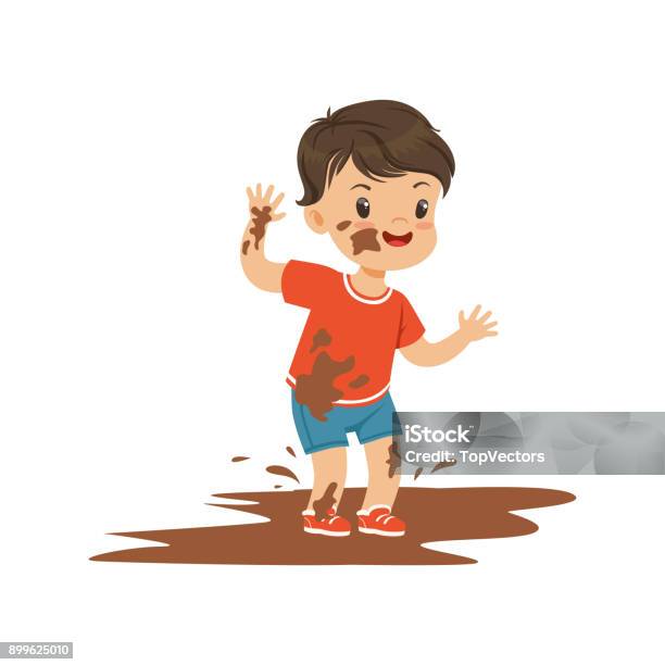 Cute Bully Boy Jumping In A Dirt Hoodlum Cheerful Little Kid Bad Child Behavior Vector Illustration Stock Illustration - Download Image Now