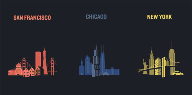 skyline ilustracja trzech amerykańskich miast, san francisco, chicago i nowego jorku. konstrukcja wektora płaskiego. - san francisco county skyline vector bridge stock illustrations