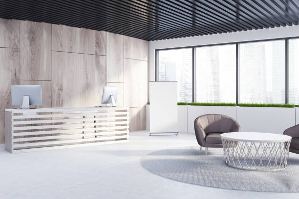 istock Wooden reception desk and waiting area, office 899627920