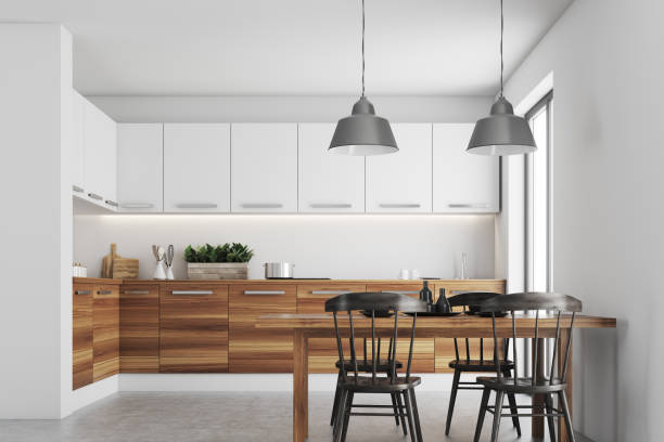 istock White dining room, wood countertops 899631932