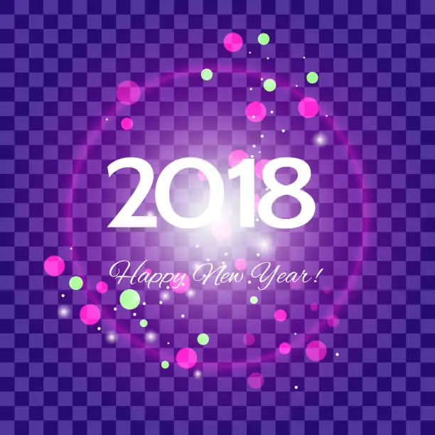 Vector illustration of Beautiful pink fireworks with  greetings  Happy New Year 2018 on a purple transparent background