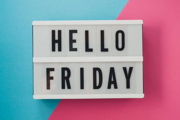 istock Hello Friday- text on a display on blue and pink bright background. 899646858