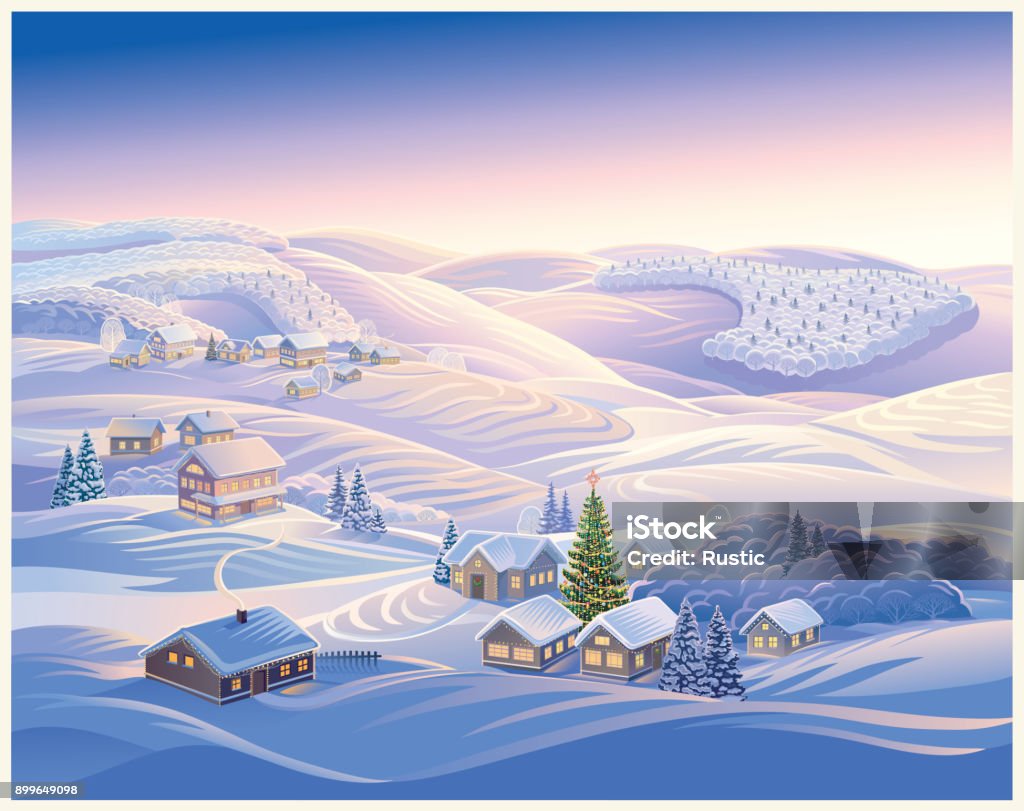 Winter Christmas landscape Festive illustration with winter village and Christmas trees. Evening landscape with hills and forests in the snow. Christmas stock vector