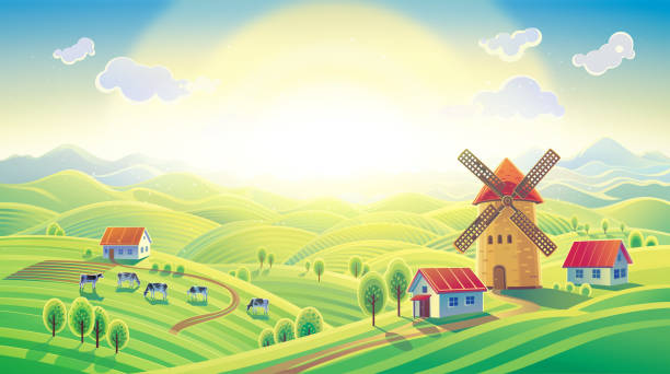 田園風景、風車 - windmill cultivated land crop day点のイラスト素材／クリップアート素材／マンガ素材／アイコン素材
