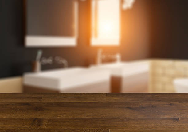 istock Modern bathroom including bath and sink.  Wooden table. 899650022