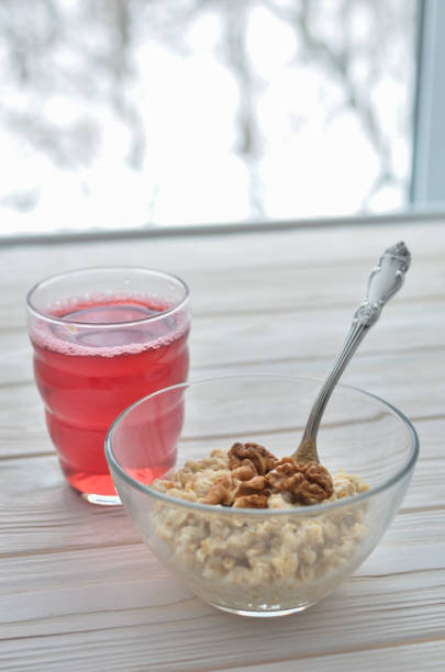 Healthy eating right. Breakfast. Oatmeal with walnuts