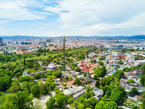 VIENNA, AUSTRIA - MAY 13, 2017: The Wurstelprater or Wurstel Prater aerial panoramic view. Wurstelprater is an amusement park and section of the Wiener Prater in Vienna, Austria.