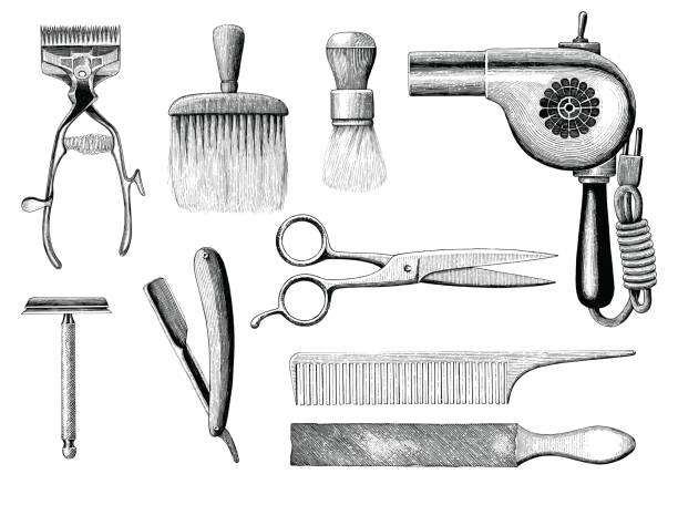 illustrazioni stock, clip art, cartoni animati e icone di tendenza di strumenti da barbiere vintage stile di incisione del disegno a mano - rasoio elettrico