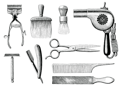 Vintage barbershop tools hand drawing engraving style