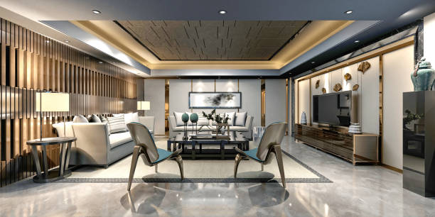 3d render of luxury working room - bedroom authority bed contemporary imagens e fotografias de stock