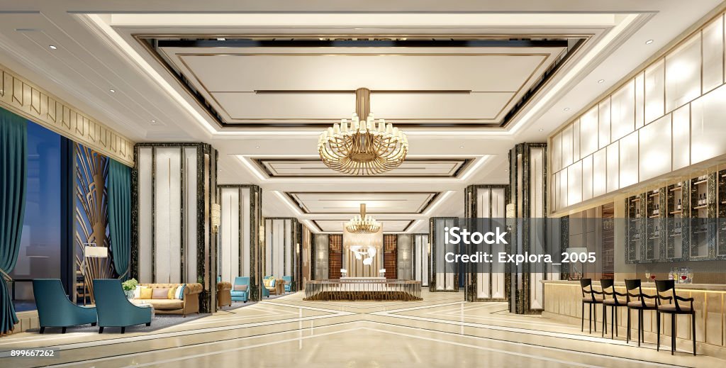 3D Render of luxury hotel lobby 3D Render of luxury hotel lobby, entrance. Lobby Stock Photo