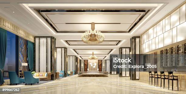 3d Render Of Luxury Hotel Lobby Stock Photo - Download Image Now - Lobby, Luxury Hotel, Hotel