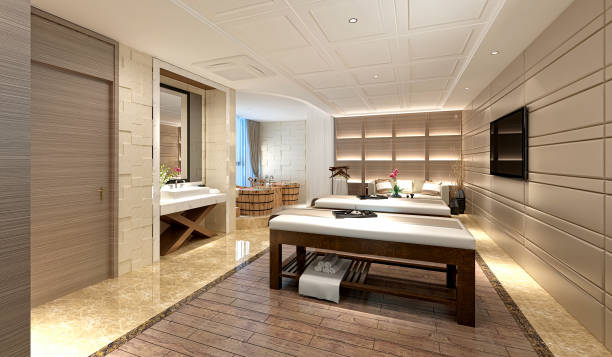 3d render des luxus-massageraum - bedroom authority bed contemporary stock-fotos und bilder