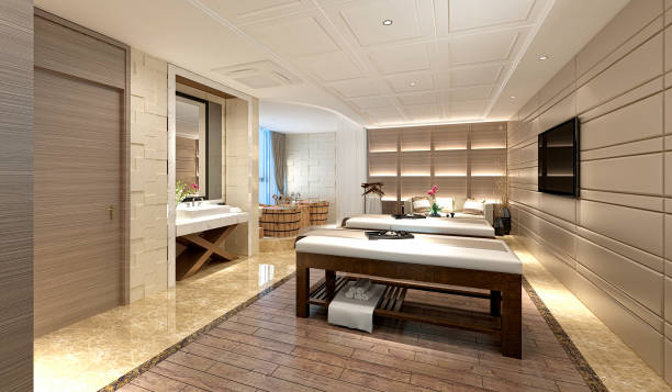 3d render of luxury massage room - massage table imagens e fotografias de stock