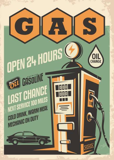 Gas station retro poster design Gas station retro poster design. Vintage flyer with car graphic and gas pump illustration. gasoline illustrations stock illustrations