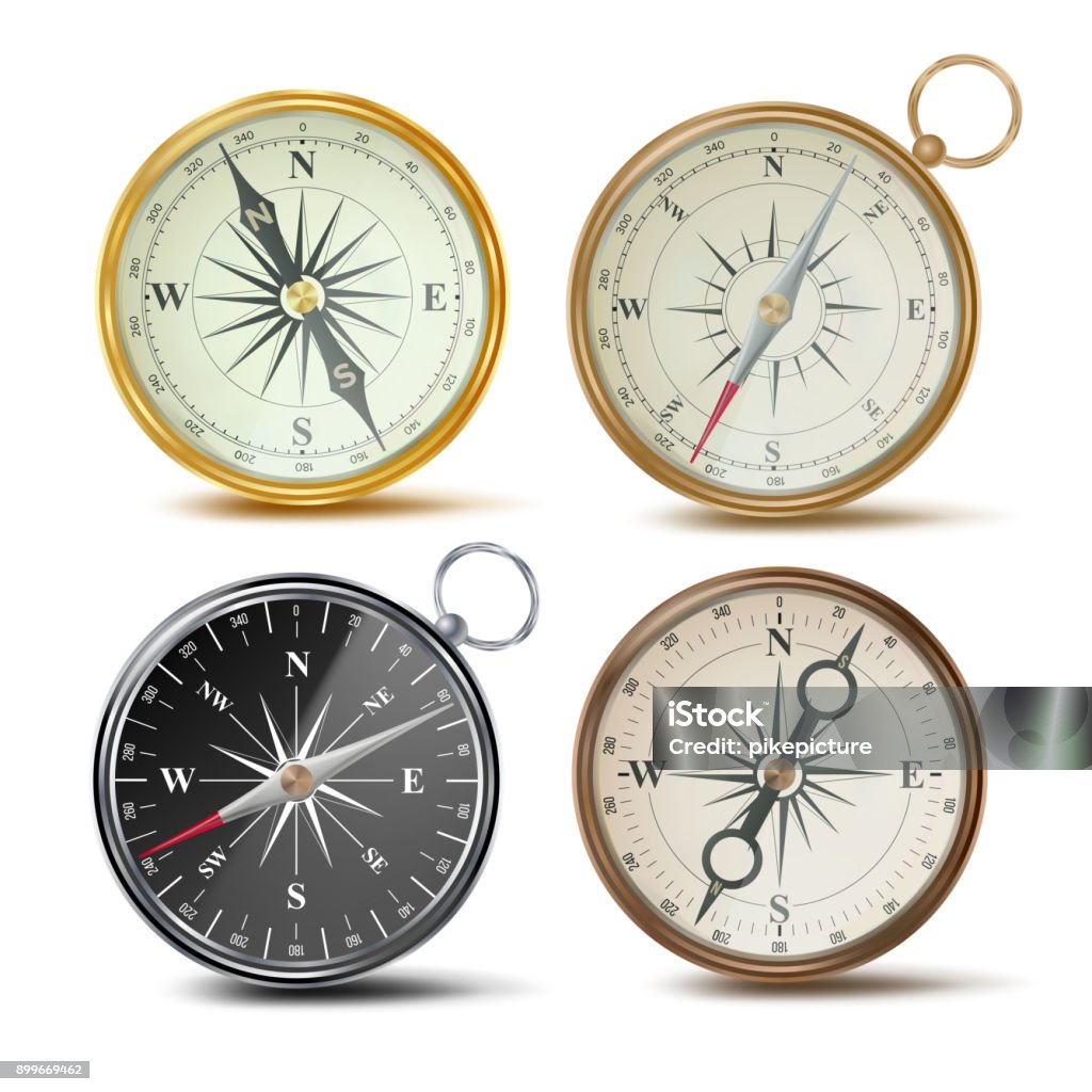 Compass Set Vector. Different Colored Compasses. Navigation Realistic Object Sign. Retro Style. Wind Rose. Isolated On White Illustration Compass Set Vector. Different Colored Compasses. Navigation Realistic Object Sign. Retro Style. Wind Rose. Isolated Illustration Navigational Compass stock vector