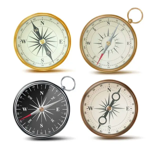 Vector illustration of Compass Set Vector. Different Colored Compasses. Navigation Realistic Object Sign. Retro Style. Wind Rose. Isolated On White Illustration