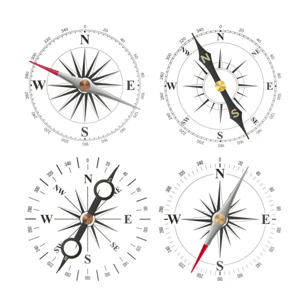 Vector illustration of Compass Set Vector. Different Navigation Sign. Wind Rose. Isolated On White Illustration