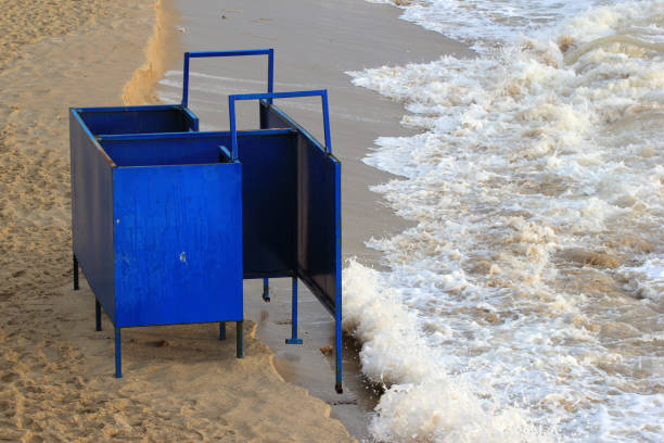 swimming is prohibited at a red flag at the seat of a lifeguard along the coast of southern Italy; Bari, Italy