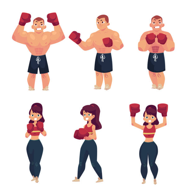 vector flat muscular althlete boxer woman vector cartoon muscular strong cute beautiful woman, girl and handsome man stand in different poses with red boxing gloves smiling set. Isolated illustration on a white background. head protector stock illustrations