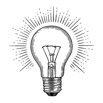 Glowing light bulb. Engraving illustration on white background