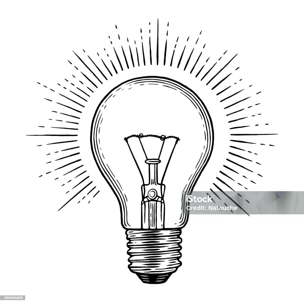 Engraving light bulb Glowing light bulb. Engraving illustration on white background Light Bulb stock vector