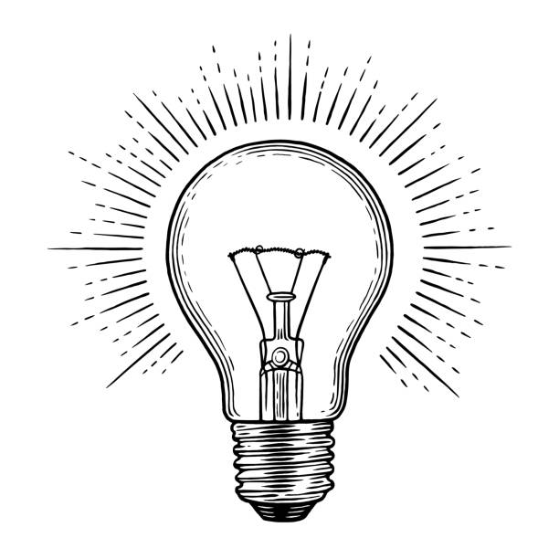 Engraving light bulb Glowing light bulb. Engraving illustration on white background etching illustrations stock illustrations