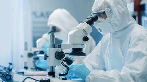 2 つのエンジニア/科学者/技術者無菌クリーン ルームのスーツにはコンポーネントの調整・研究顕微鏡を使用します。彼らは、電子部品製造工場で動作します。 - laboratory microscope engineer medical research ストックフォトと画像
