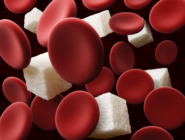 zucchero nel sangue. globuli con cubo di zucchero, illustrazione 3d - hypoglycemia foto e immagini stock