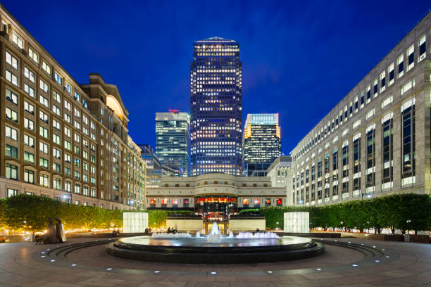 Cabot Square In London at night stock photo
