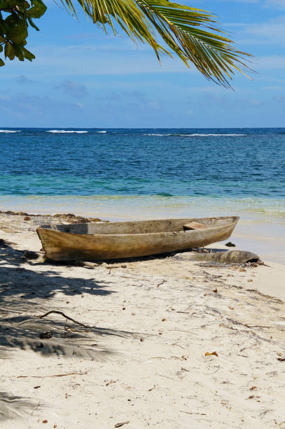 istock Tropical beach with dugout canoe on sand 899708528
