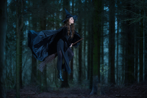 Witch flying on a broom in the forest