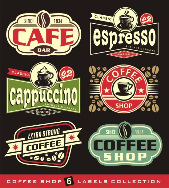 illustrazioni stock, clip art, cartoni animati e icone di tendenza di collezione etichette e adesivi per caffè - coffee bean coffee label retro revival