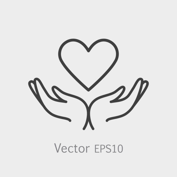 Heart in hands symbol line icon. Logo template for charity and donation, voluntary and non profit organization. Heart in hands symbol line icon. Logo template for charity and donation, voluntary and non profit organization. Vector illustration isolated on white background. bloody money stock illustrations