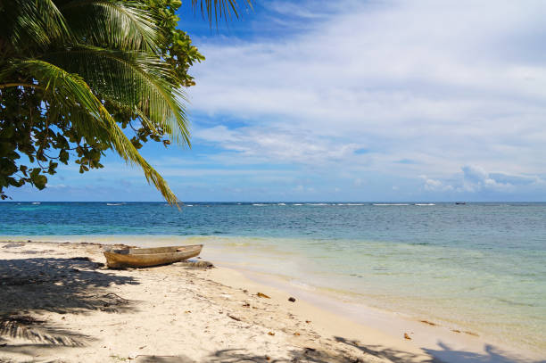 istock Tropical sandy beach with a dugout canoe 899718964