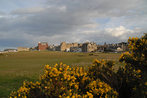 View of the 1st and 18th hole at the Old Course in St. Andrews, Scotland, from behind the first green