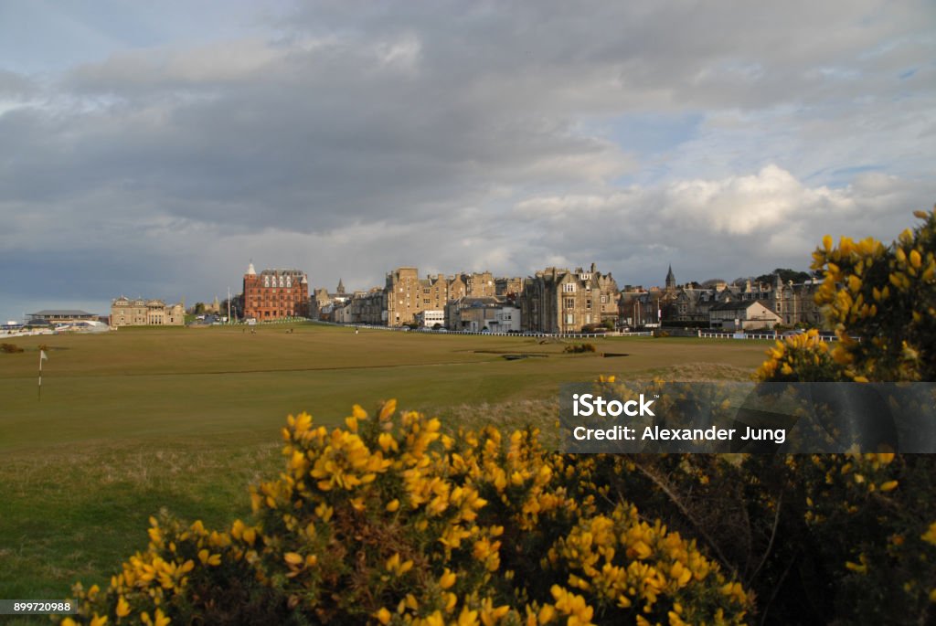 1st and 18th hole at the Old Course View of the 1st and 18th hole at the Old Course in St. Andrews, Scotland, from behind the first green St. Andrews - Scotland Stock Photo