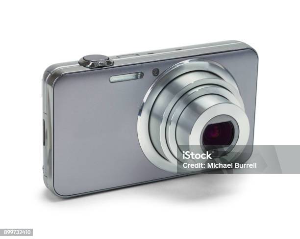 Silver Zoom Camera Stock Photo - Download Image Now - Digital Camera, White Background, Home Video Camera